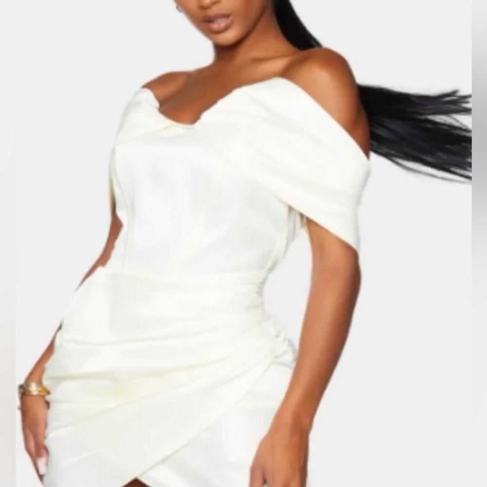 PrettyLittleThing Cream Off-Shoulder Dress